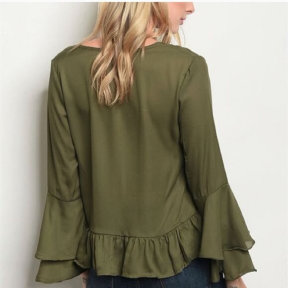 Olive Green V-Neck Ruffle Hem Bell Sleeve Blouse S 100% Polyester Womens Top - Picture 5 of 12